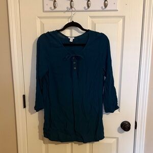 J Crew 3/4 Length Sleeve Chic Teal Women's Tunic Top with Tie & Buttons